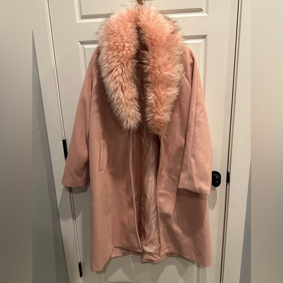 Fur Trim Soft Pink Faux Wool Belted Long Coat - Picture 3 of 6